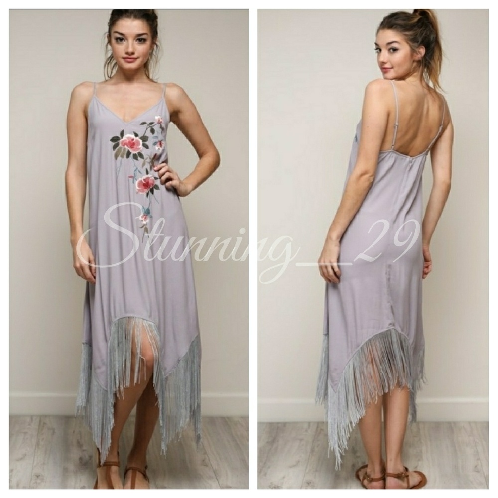 🆕GRAY LAVENDER FLORAL EMBROIDER FRINGE DRESS - Picture 5 of 5